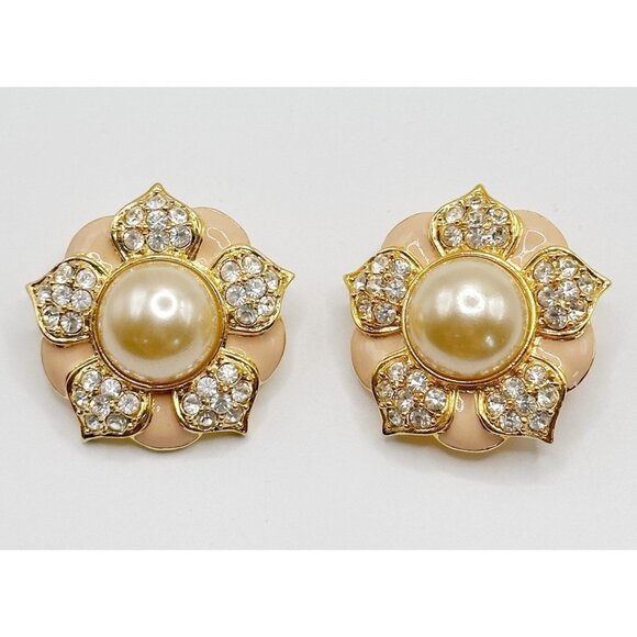 Joan Rivers Peach Enamel Rhinestone Faux Pearl Floral Flower Clip-on Earrings - Picture 1 of 3